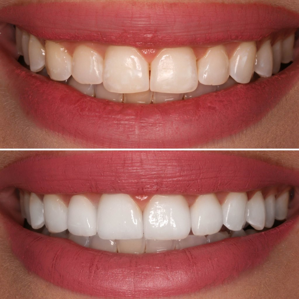 My smile before and after porcelain veneers. My teeth before had white white spots and were yellow. My teeth after are fuller and whiter. 